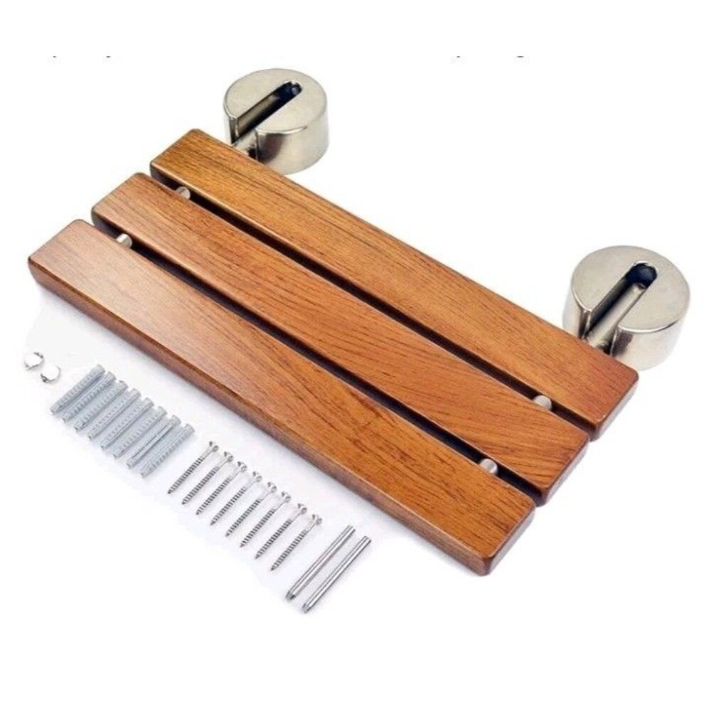 20" Burmese Teak Wood Wall Mounted Folding Shower Bench, Brushed Nickel 330lb
